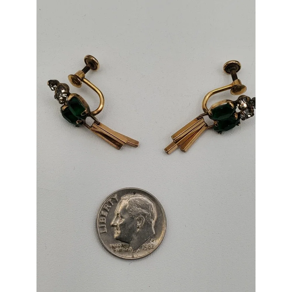 Vtg M&S Gold‎ Filled Brooch Screw Back Earrings Green Crystal Articulated Fringe